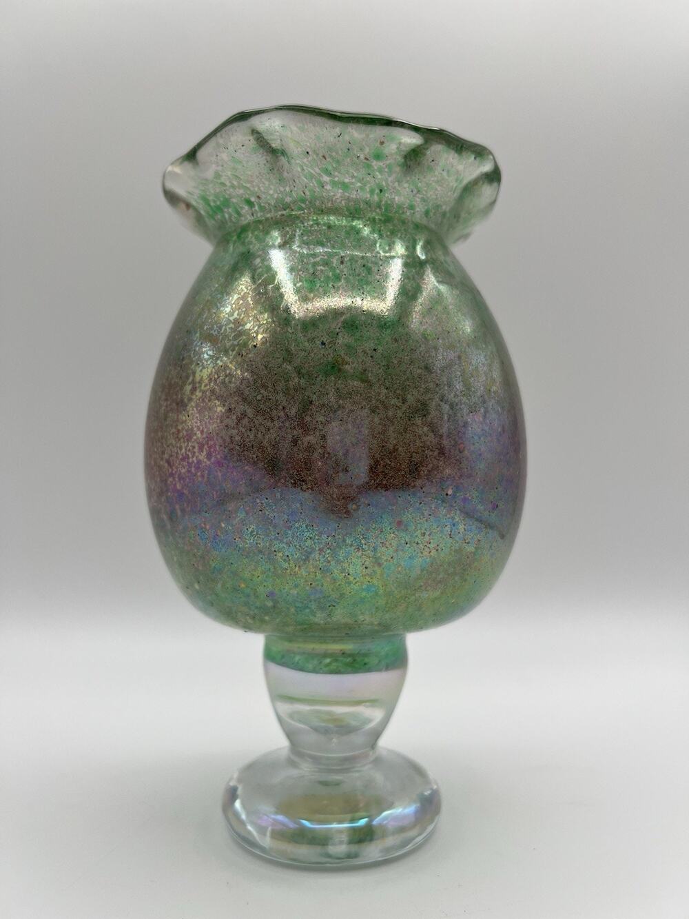 Terra Studios Green Iridescent Footed Vase 7” Hand Blown Art Glass Signed 1994